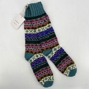 NWT Bibico Liv Fair Isle Knitted Socks Turquoise Hand Knit Slow Fashion Wool